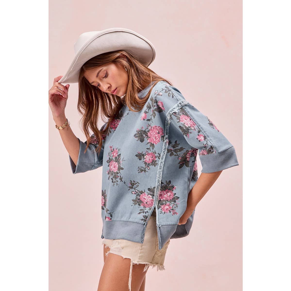 Floral Denim Open Seam Top