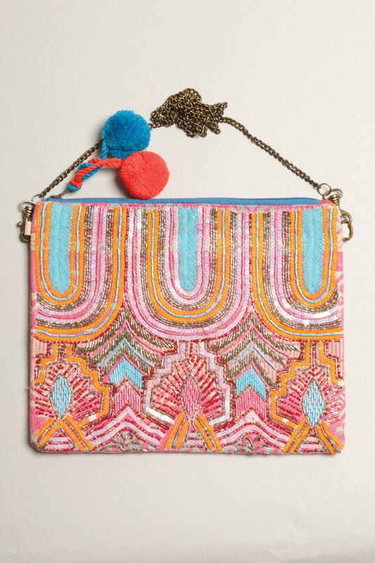 Embellished Beaded Clutch with Chain