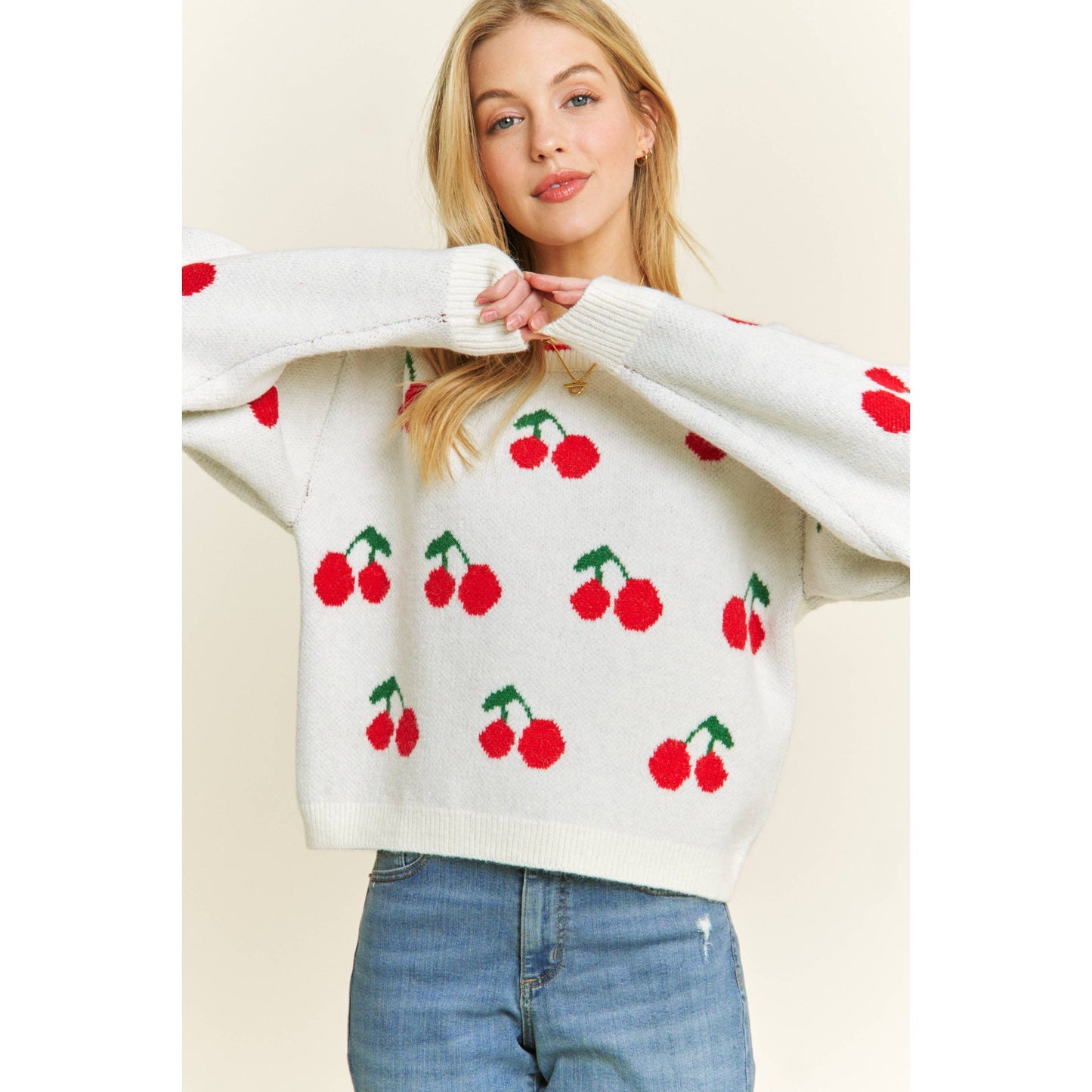 CUTE CHERRY JACQUARD CASUAL PULLOVER SWEATER