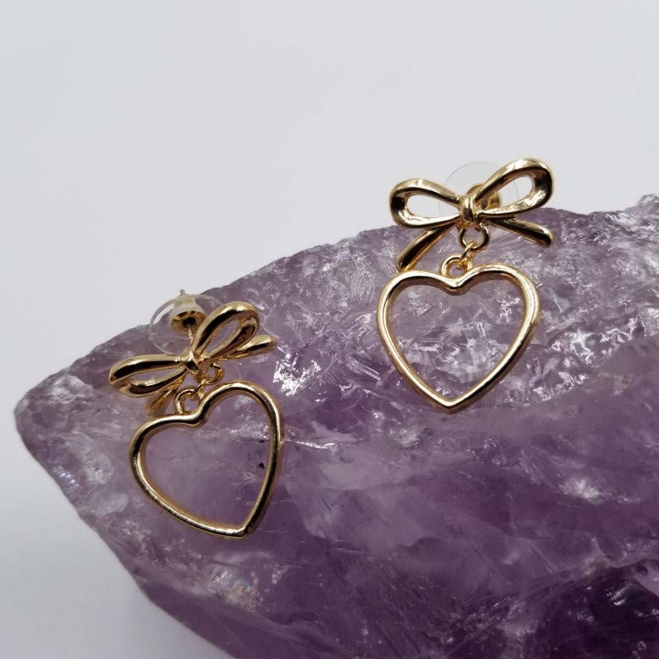 Valentine's Day Golden Bow Heart Dangle Earrings