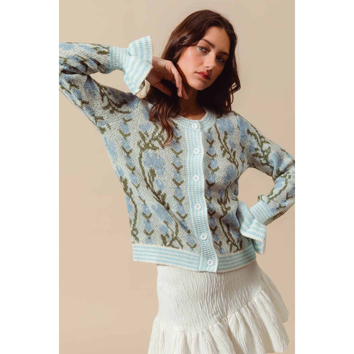 FLORAL INTARSIA BUTTON UP SWEATER CARDIGAN: OATMEAL / S