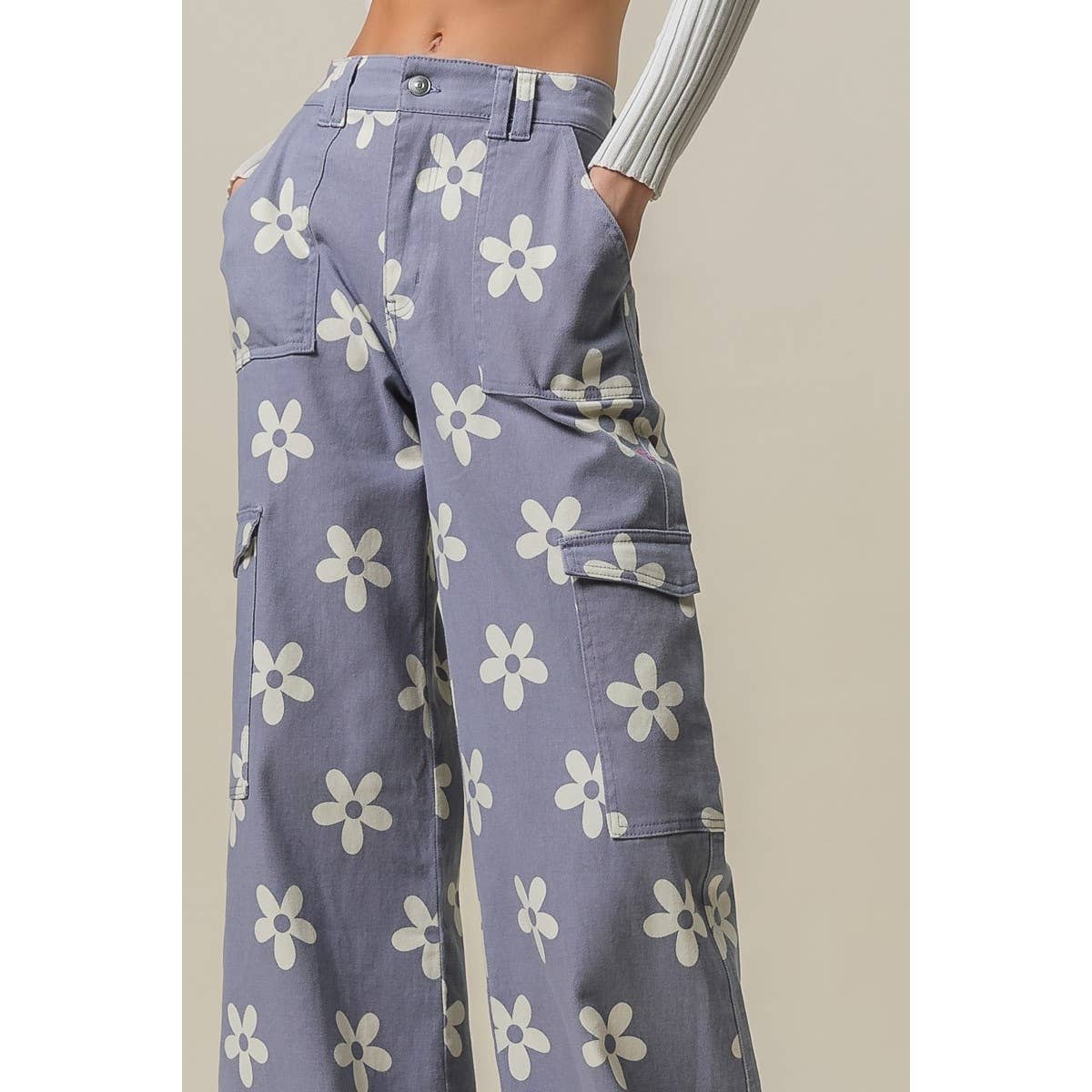 Dusty Lavender Floral Wide Leg Cargo Pants