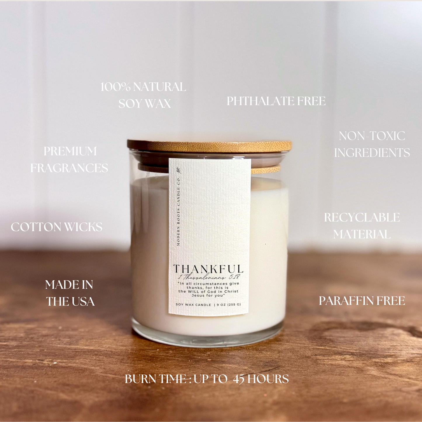 Thankful | Pumpkin Spice & Vanilla | 9 oz. Clear Jar Candle: Scent Label / Natural Wood Lid