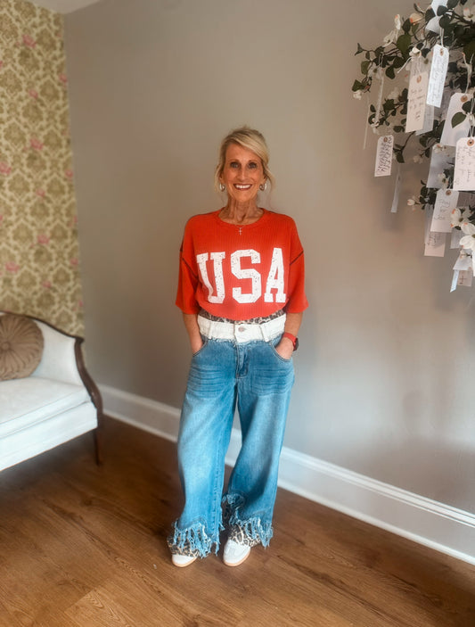 Washed Double Waist With Frayed Hem Jeans