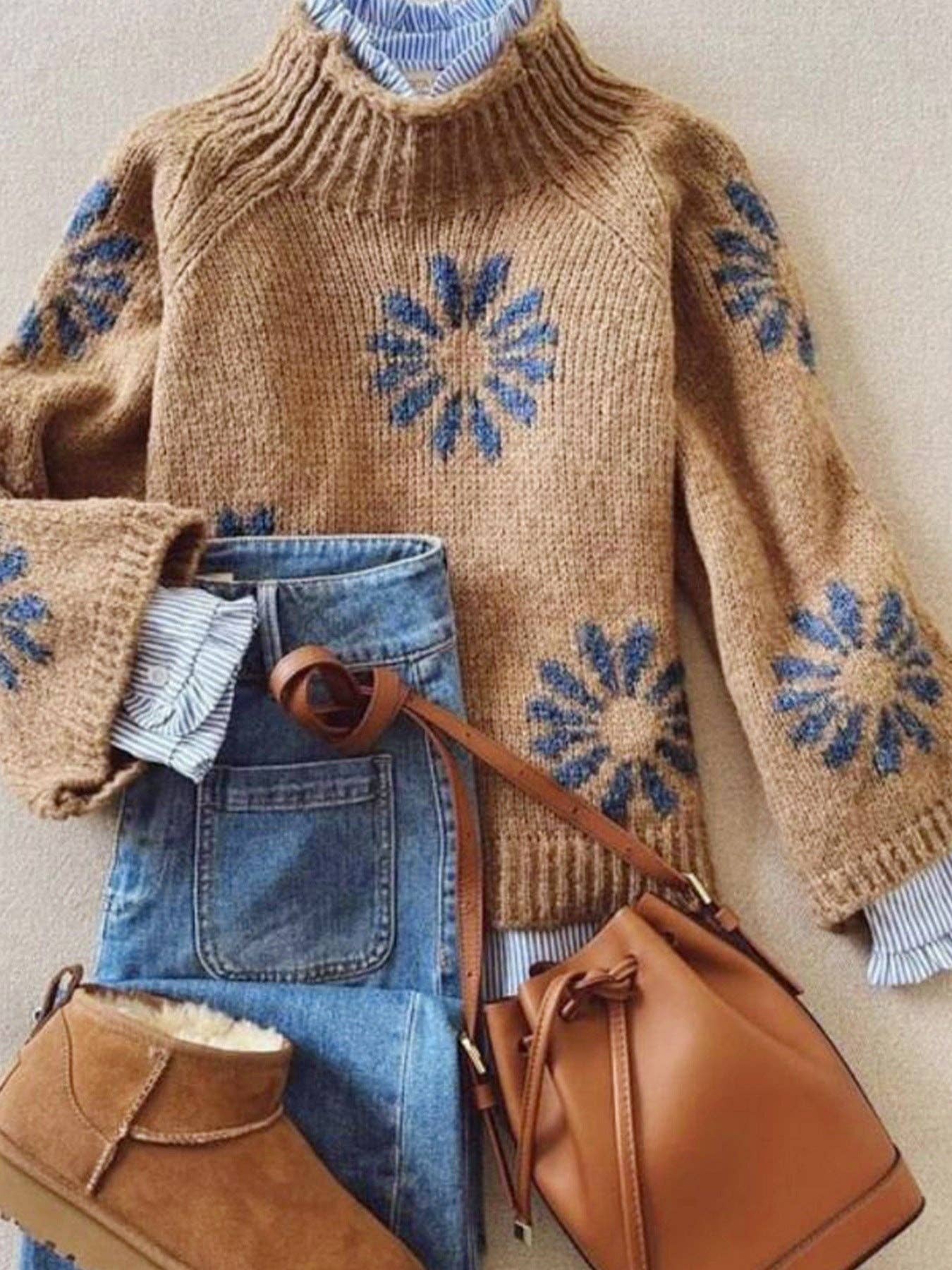 Khaki Floral Knit Sweater Women Ribbed Pattern N5A880: Khaki / L