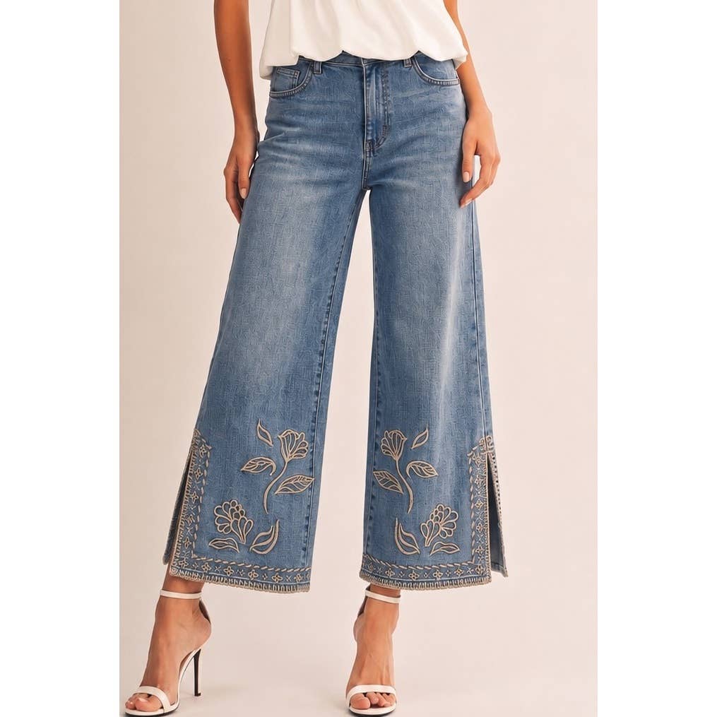 Vintage Botanical Embroidered Wide Leg Pants: TAUPE / S/M/L/XL (2-2-2-1)