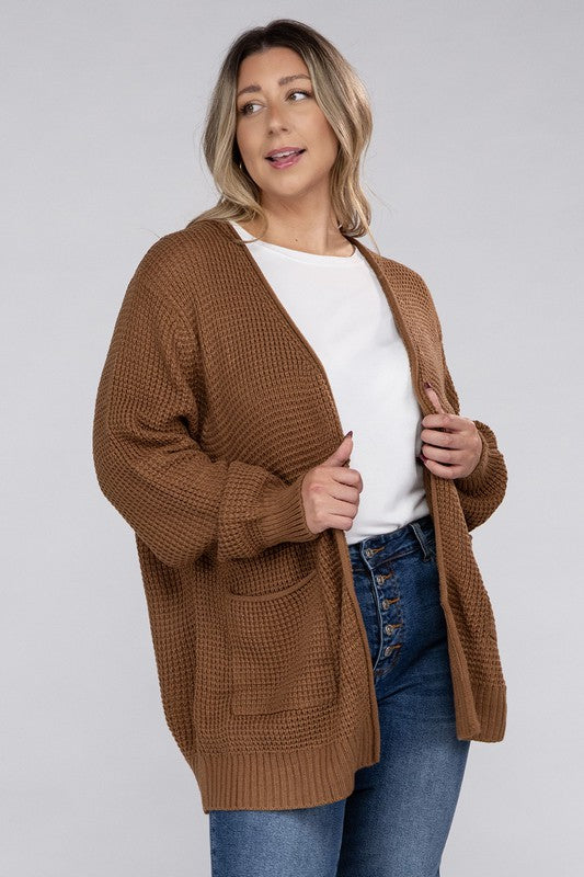 Curvy Low Gauge Waffle Open Cardigan Sweater