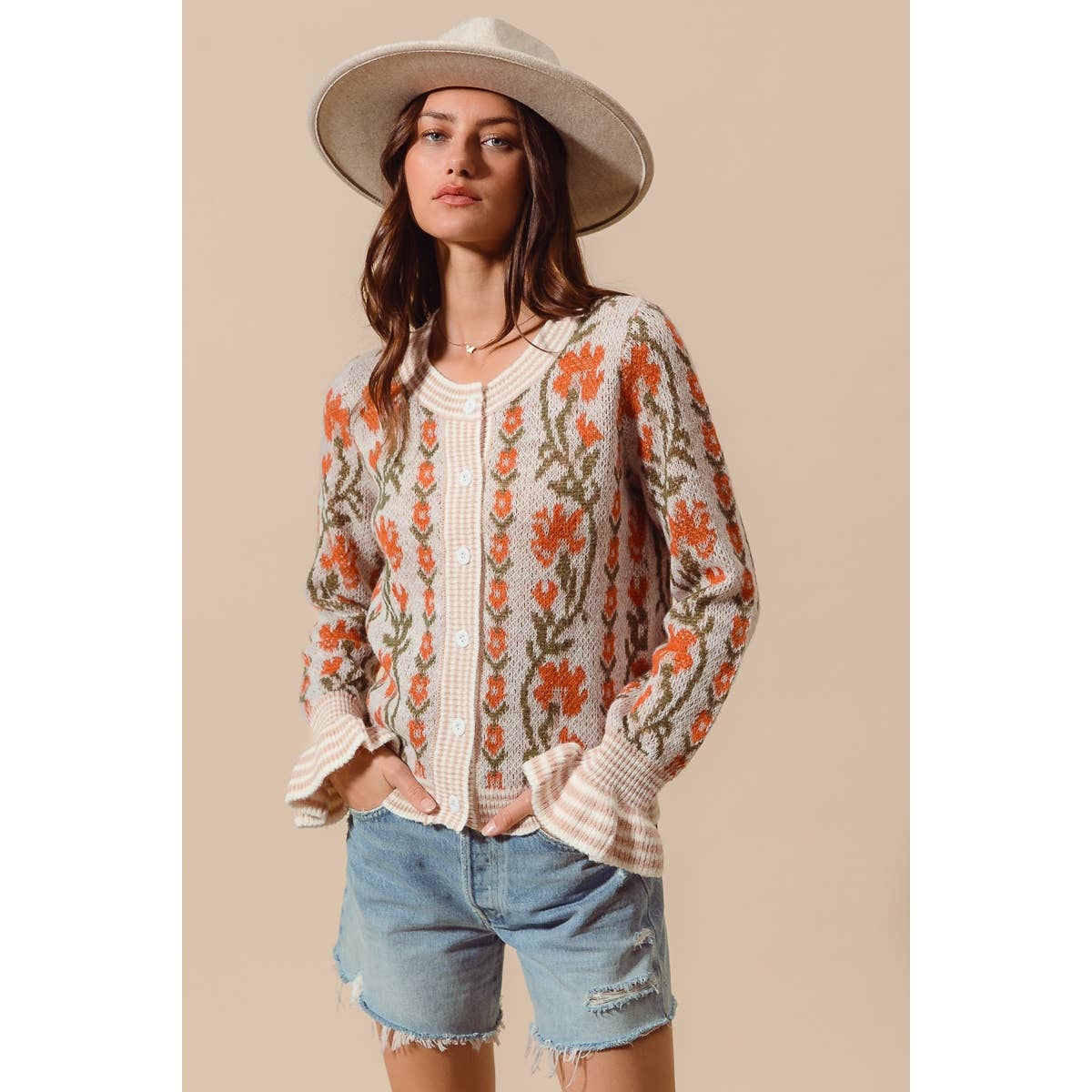 FLORAL INTARSIA BUTTON UP SWEATER CARDIGAN: LT BLUE / M