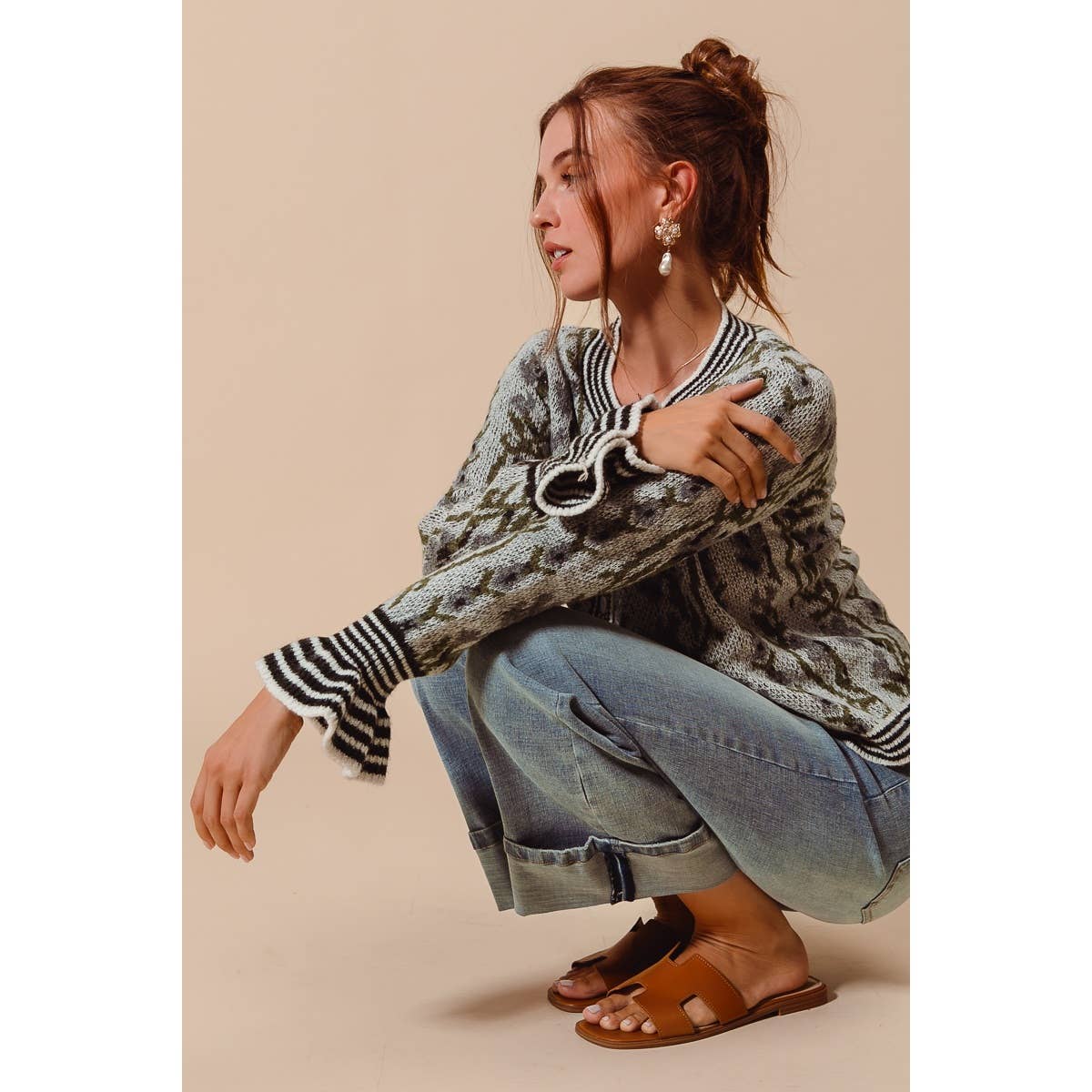 FLORAL INTARSIA BUTTON UP SWEATER CARDIGAN: LT BLUE / M