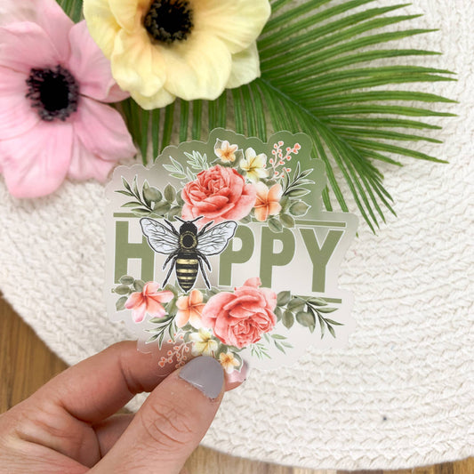 Bee Happy Floral Clear Vinyl Sticker