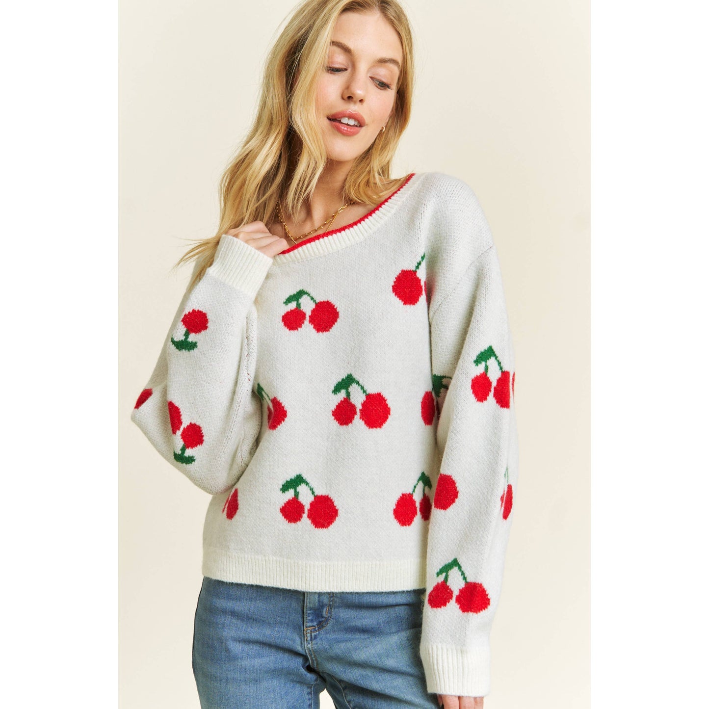 CUTE CHERRY JACQUARD CASUAL PULLOVER SWEATER