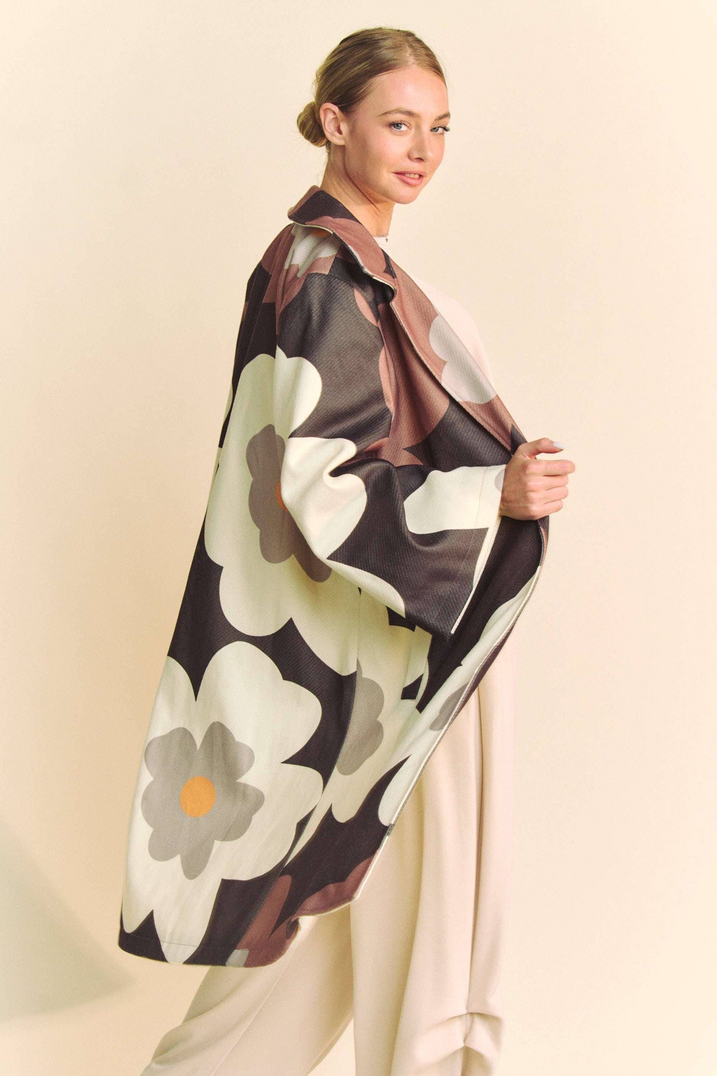 Bold Retro Floral Open Front Over Coat
