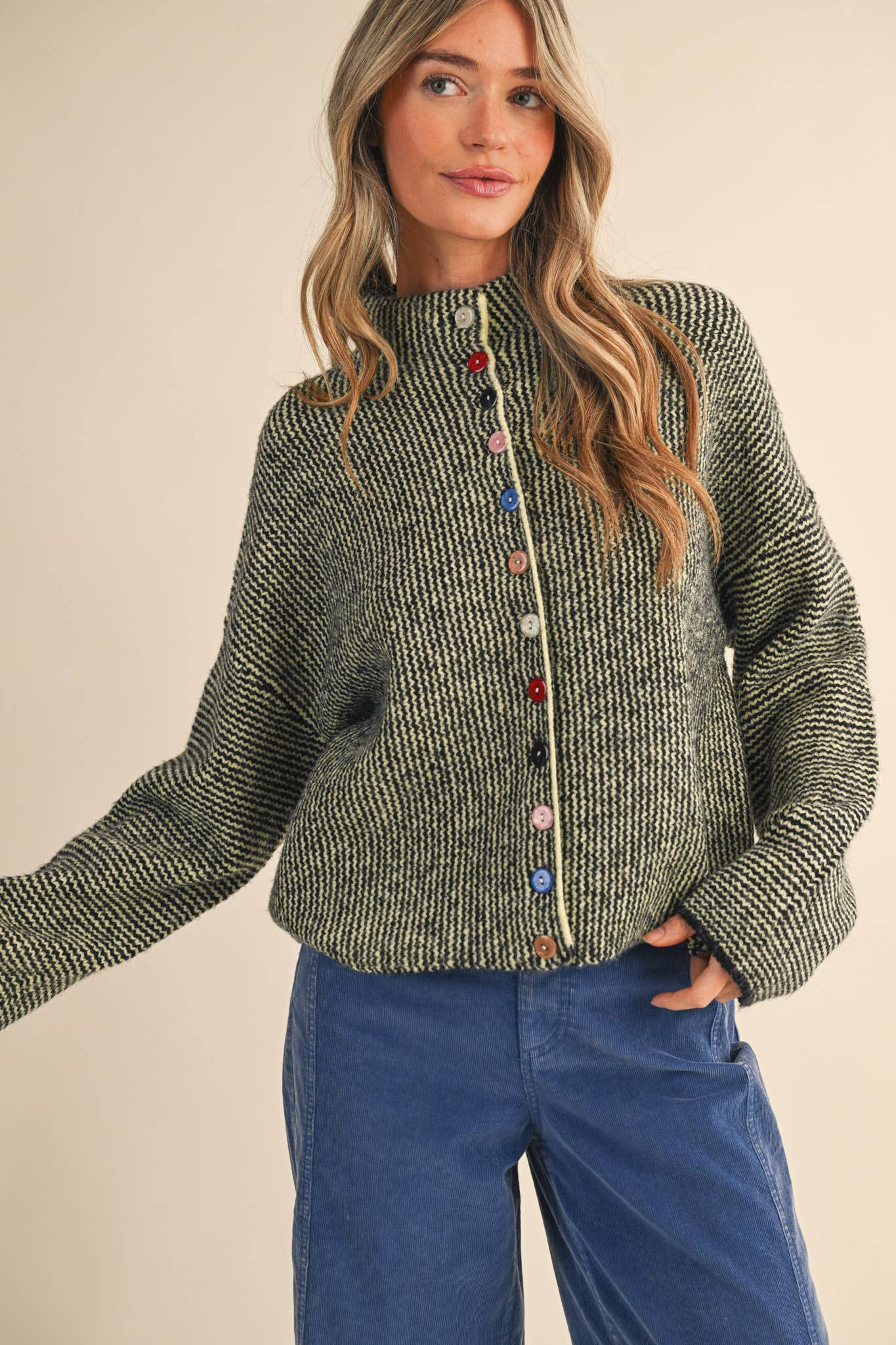 Green Striped Knit Cardigan