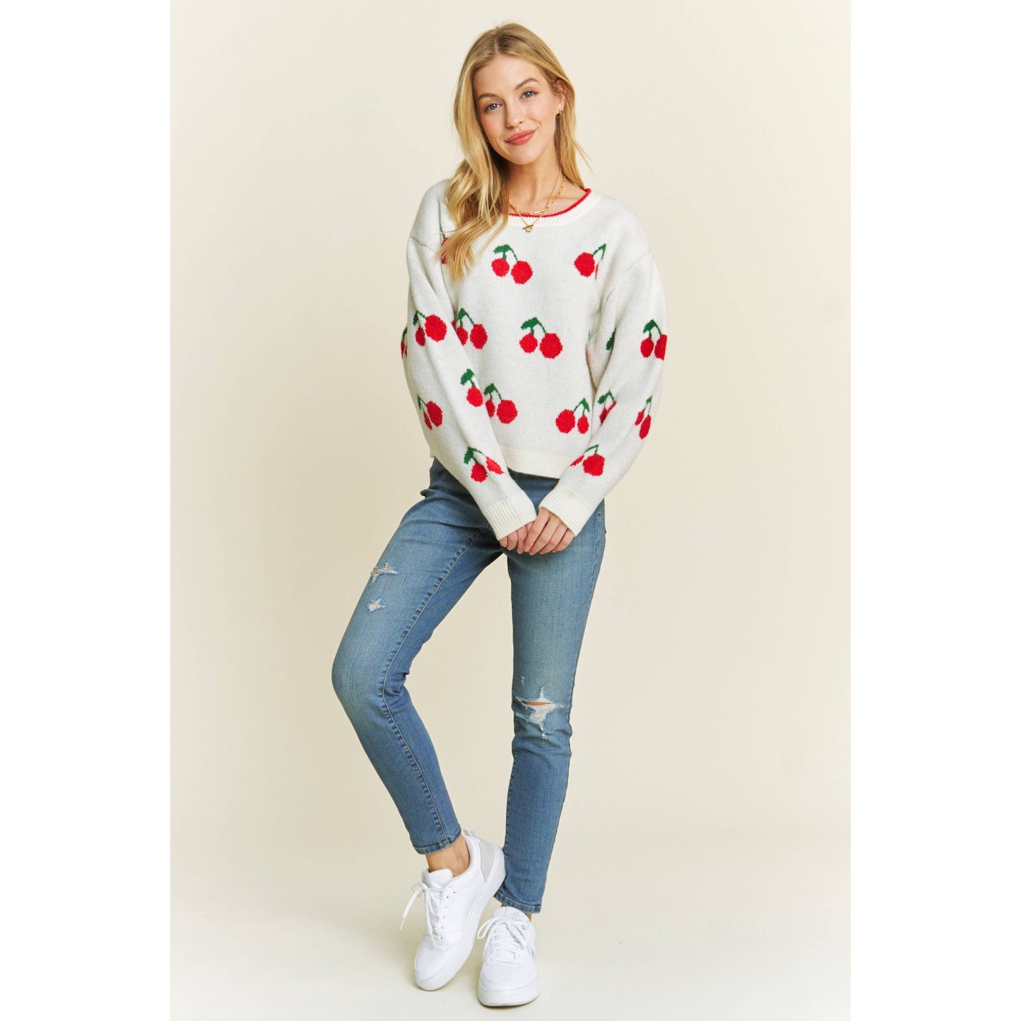 CUTE CHERRY JACQUARD CASUAL PULLOVER SWEATER