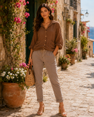 Linen Mesh Sleeve Button Top: Brown / One Size