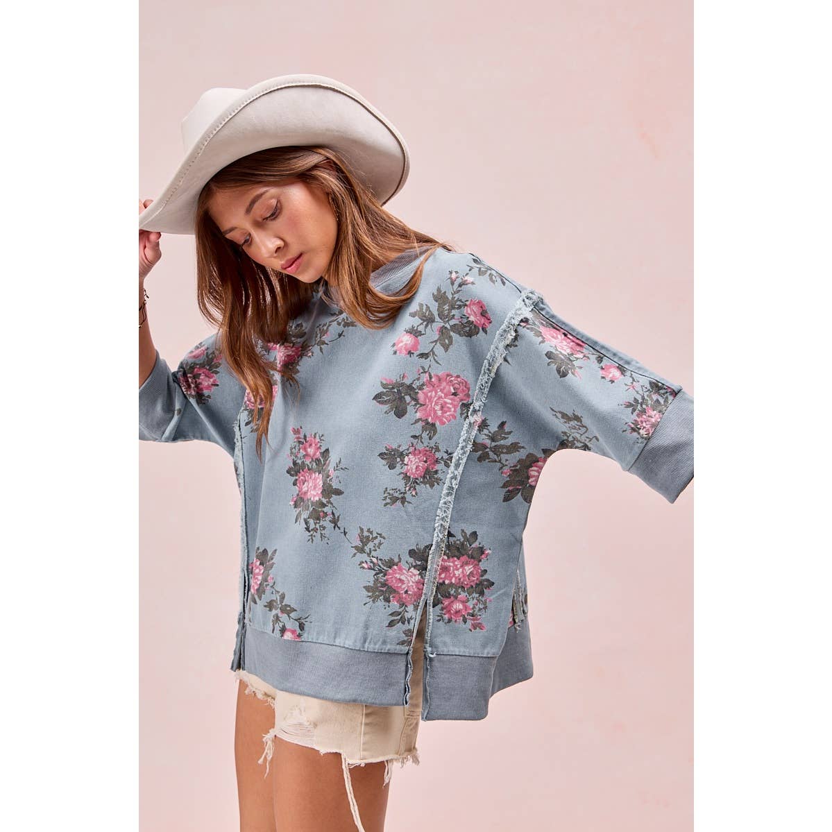 Floral Denim Open Seam Top