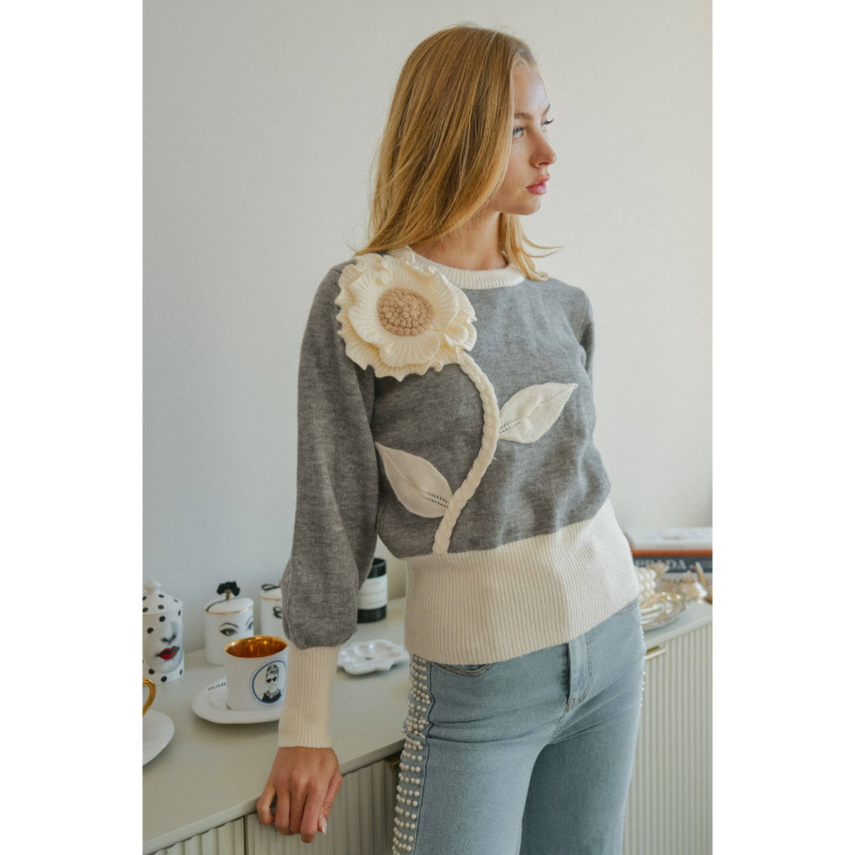Grey Wildflower Applique Sweater