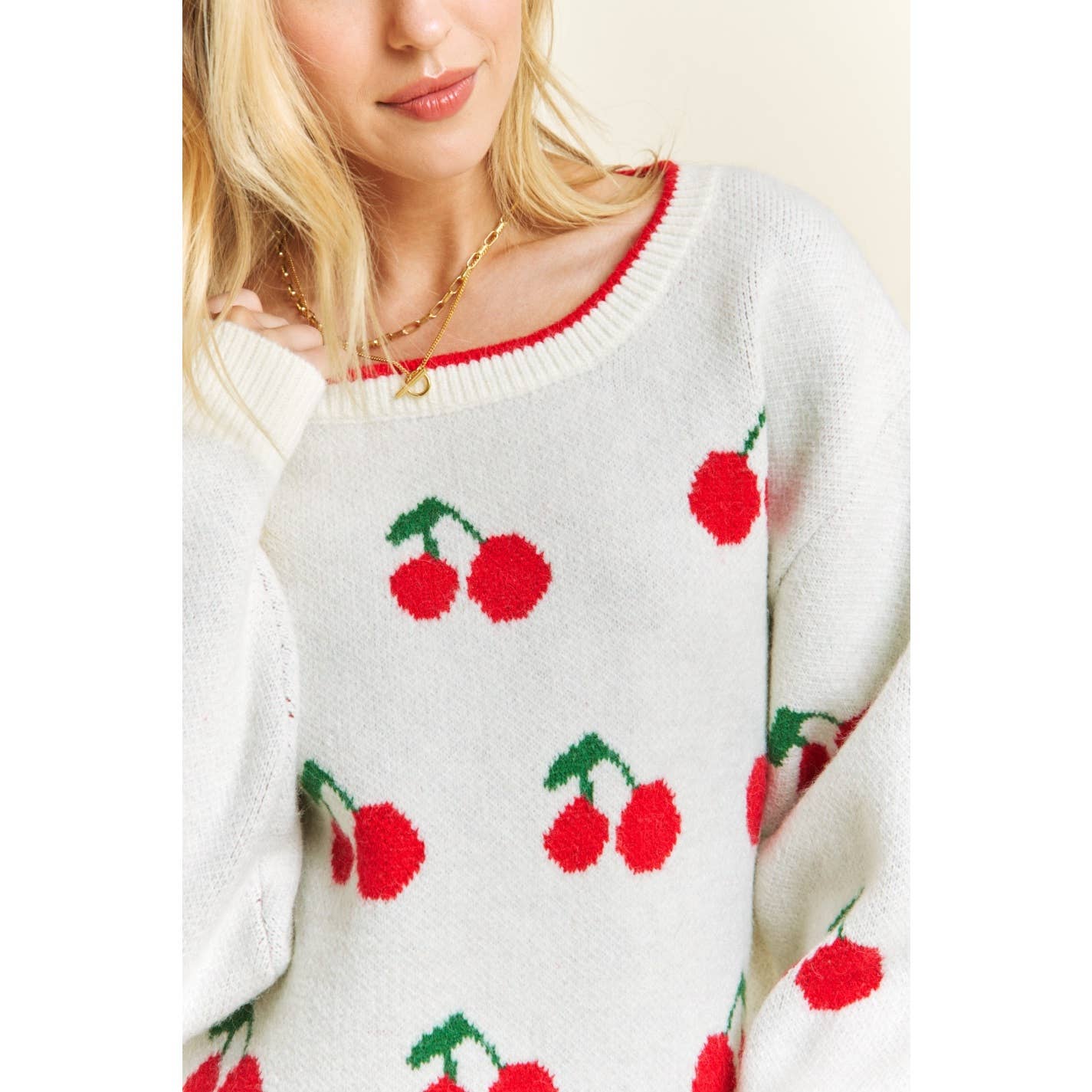 CUTE CHERRY JACQUARD CASUAL PULLOVER SWEATER