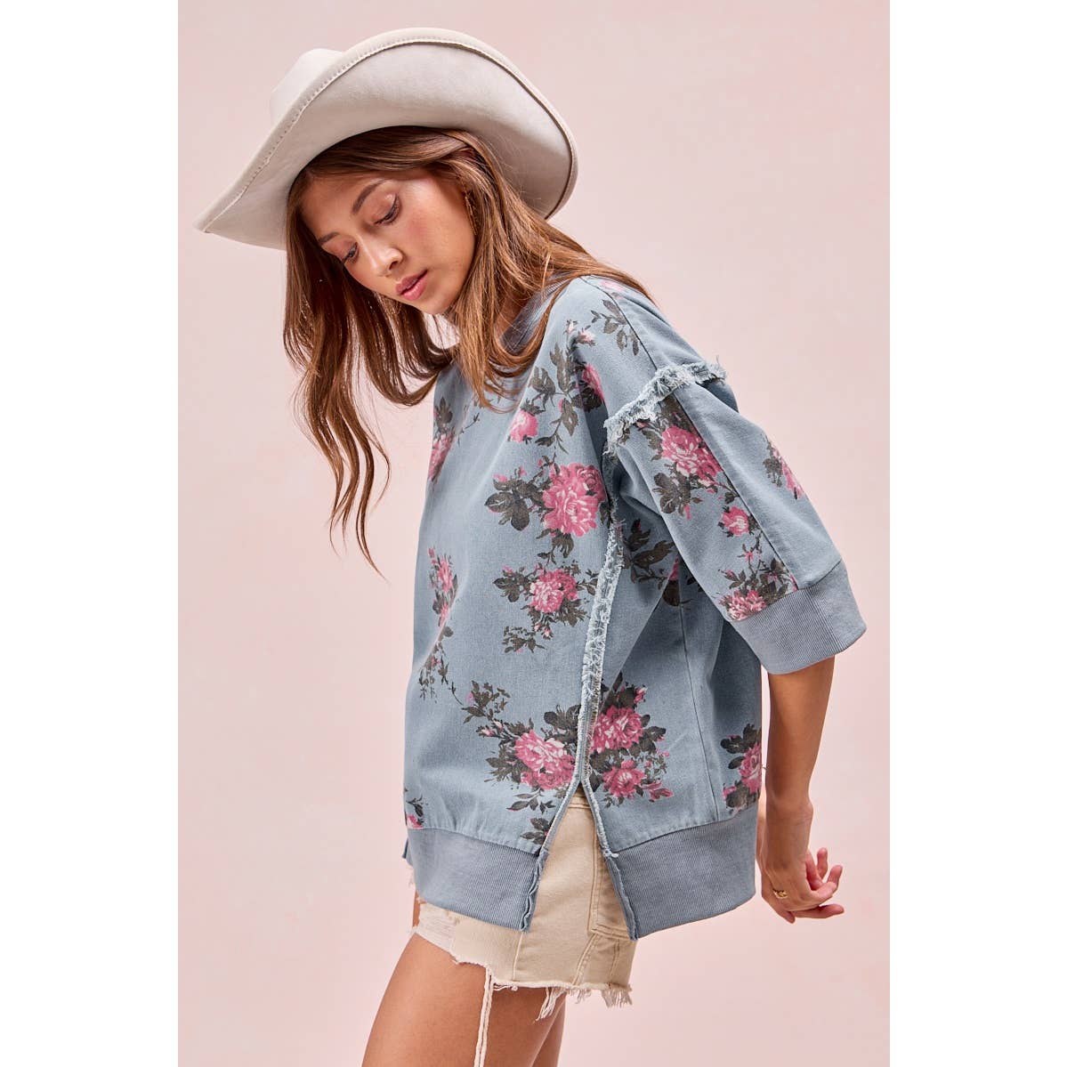 Floral Denim Open Seam Top