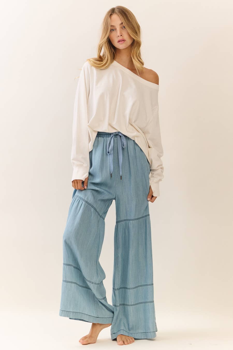 Washed Chambray Wide Leg Pants