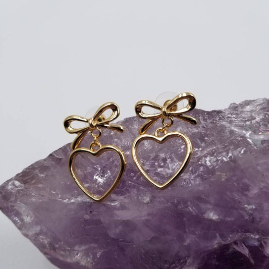 Valentine's Day Golden Bow Heart Dangle Earrings
