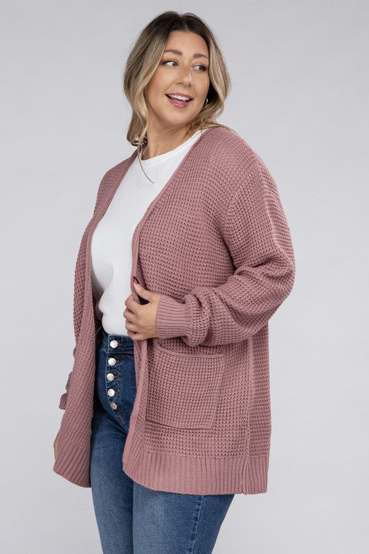 Curvy Low Gauge Waffle Open Cardigan Sweater