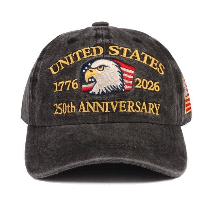 250th Anniversary Flag Eagle Embroidered Baseball Cap: Black / M