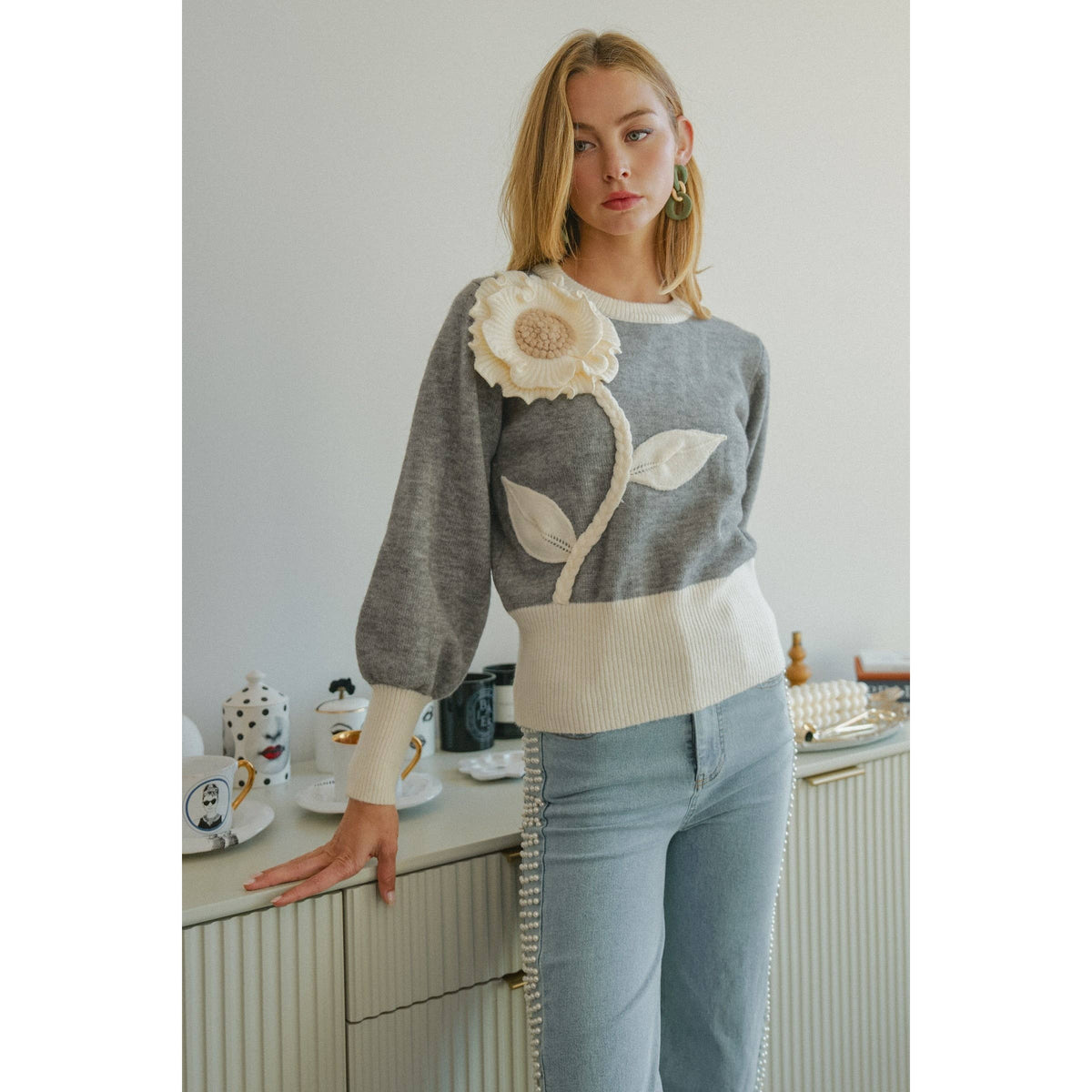 Grey Wildflower Applique Sweater