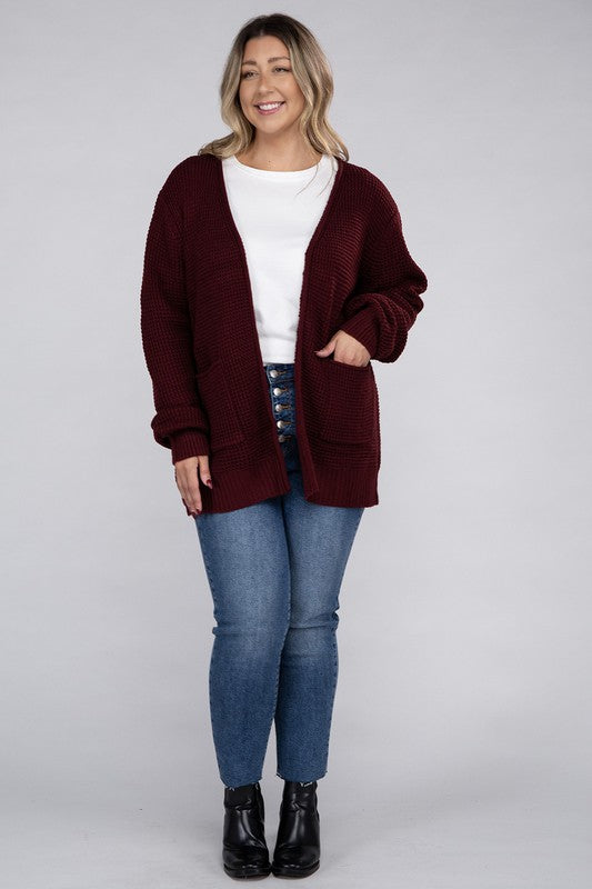 Curvy Low Gauge Waffle Open Cardigan Sweater