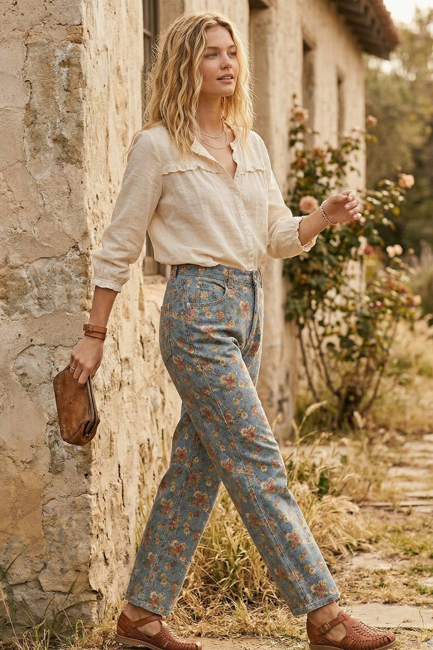 Mineral Washed Floral Denim Barrel Pants