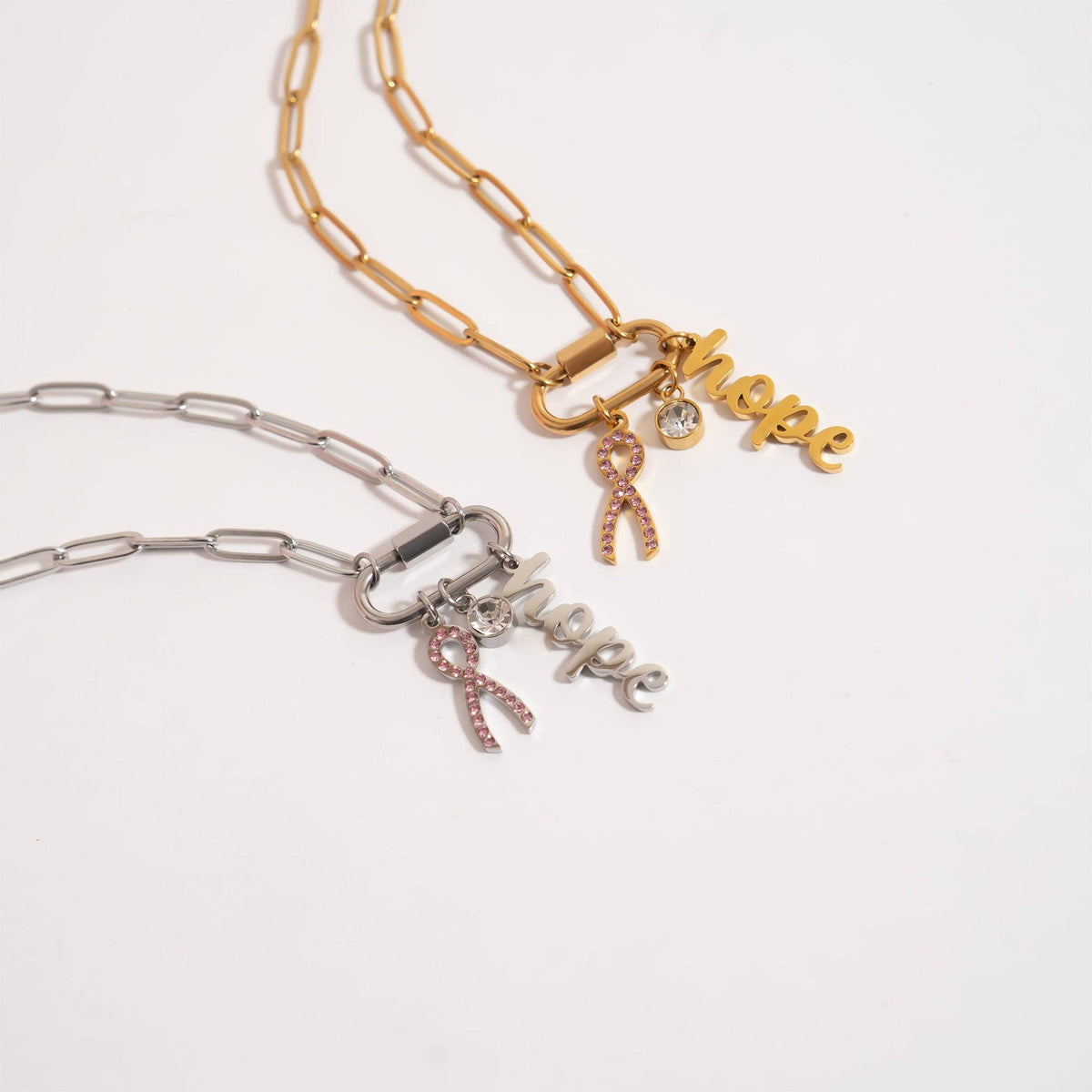 Breast Cancer Awareness Carabiner Hope Charm Necklace: Gold