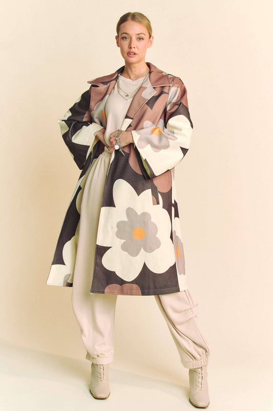 Bold Retro Floral Open Front Over Coat