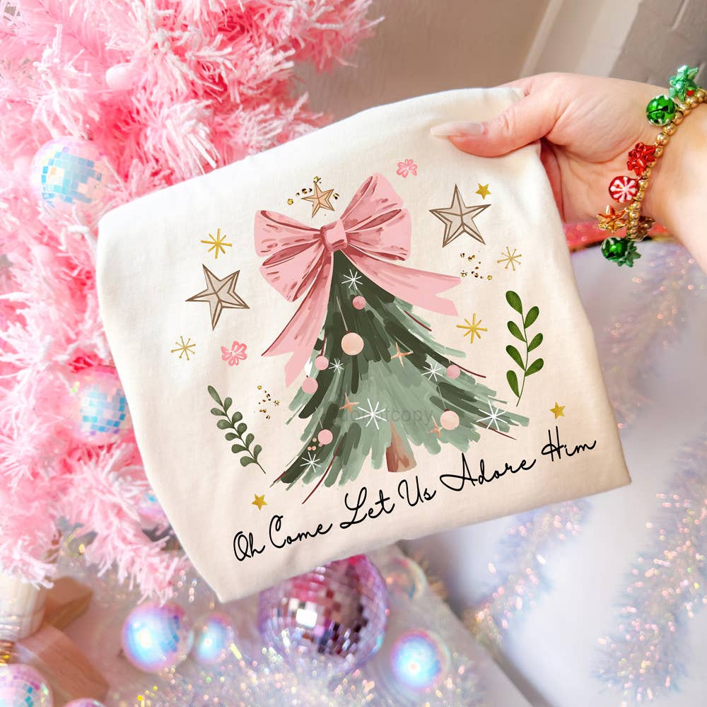 Oh Come Let Us Adore Him Pink Bow Tree DTF Heat Transfer: Adult