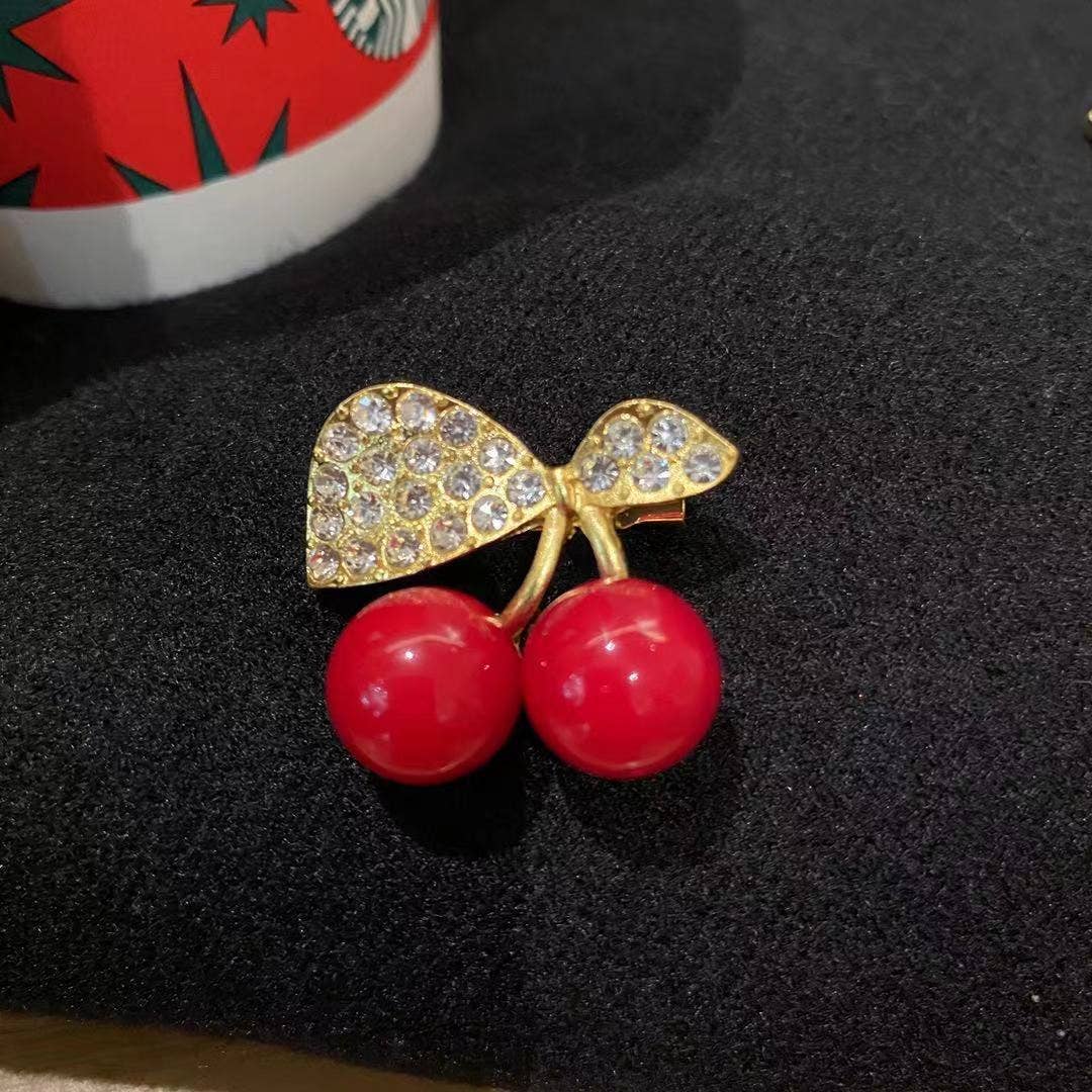 Rhinestone Cherry Brooch