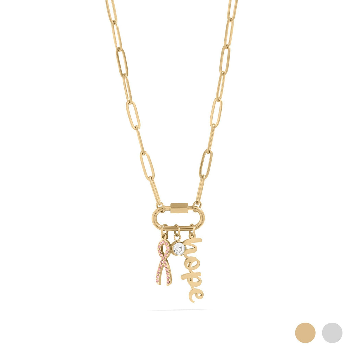 Breast Cancer Awareness Carabiner Hope Charm Necklace: Gold