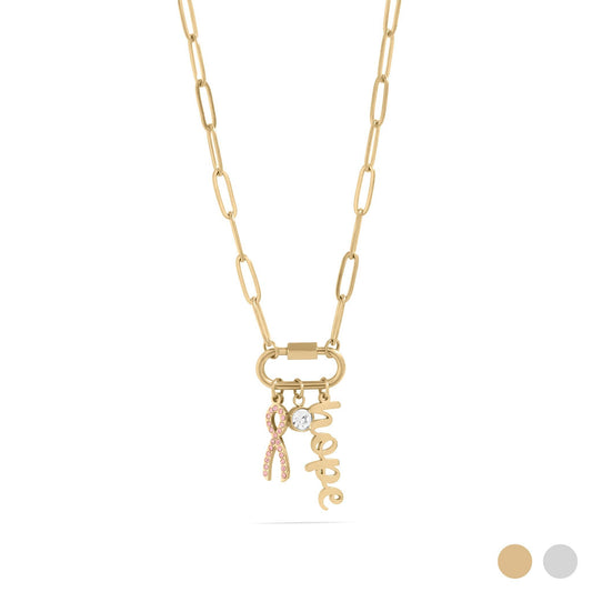 Breast Cancer Awareness Carabiner Hope Charm Necklace: Gold