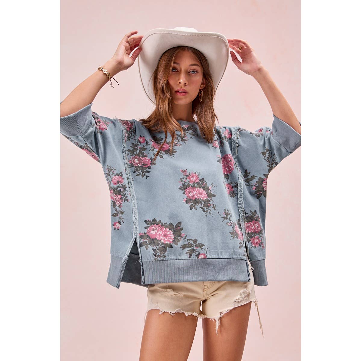 Floral Denim Open Seam Top