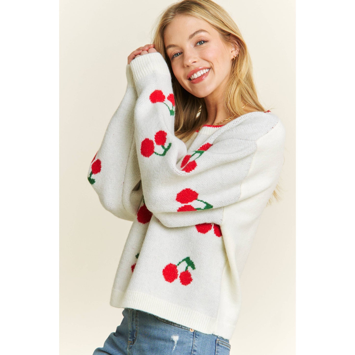 CUTE CHERRY JACQUARD CASUAL PULLOVER SWEATER