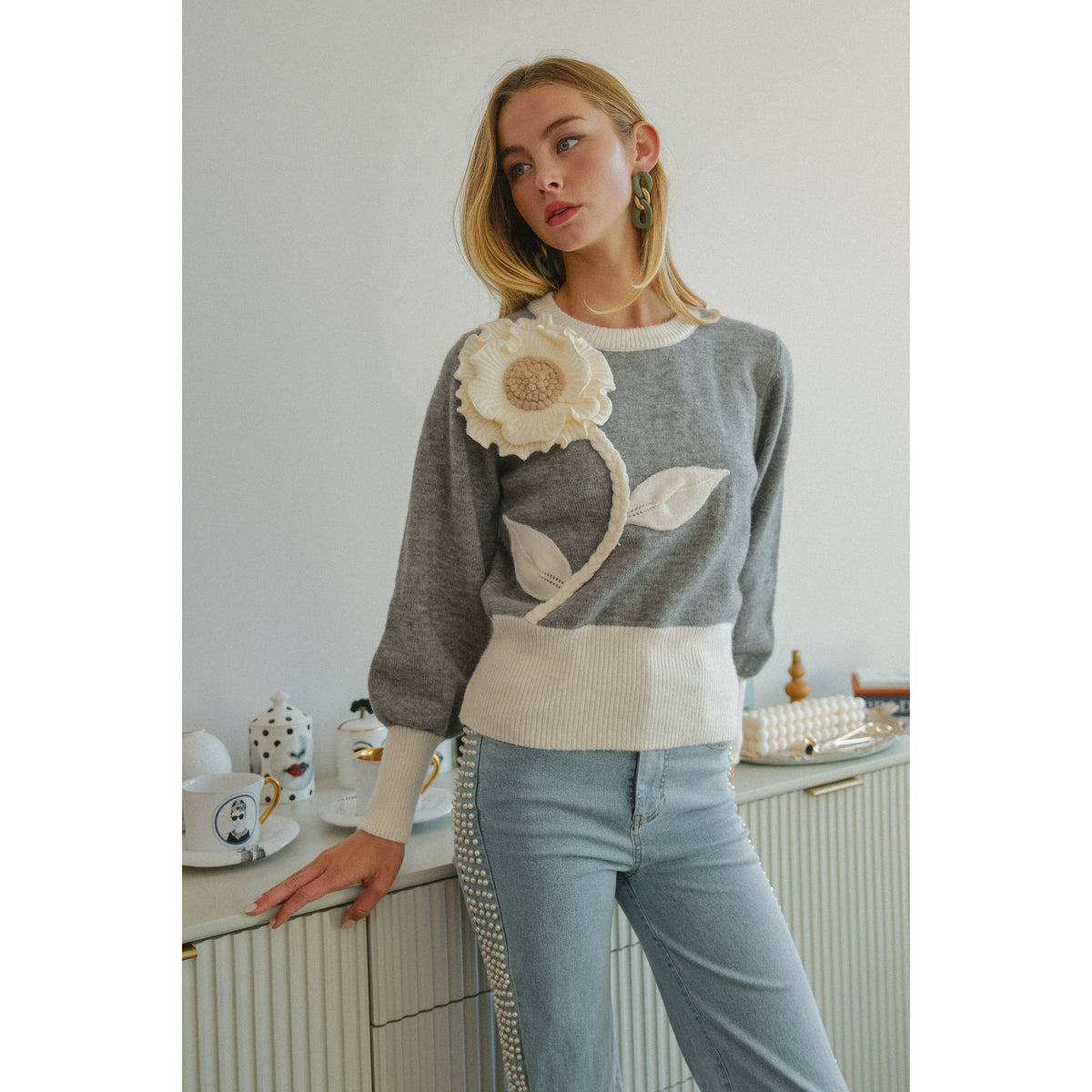 Grey Wildflower Applique Sweater