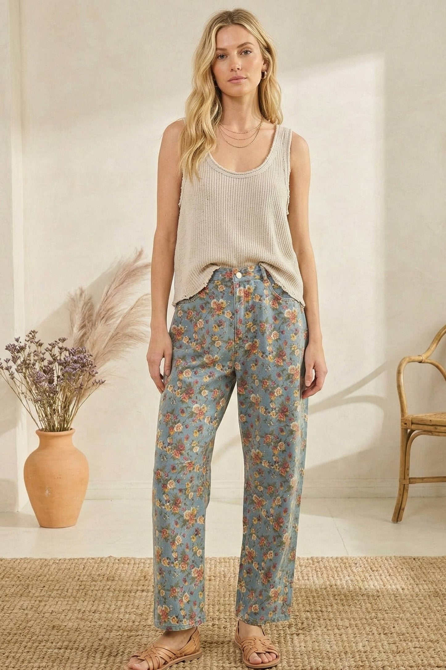 Mineral Washed Floral Denim Barrel Pants