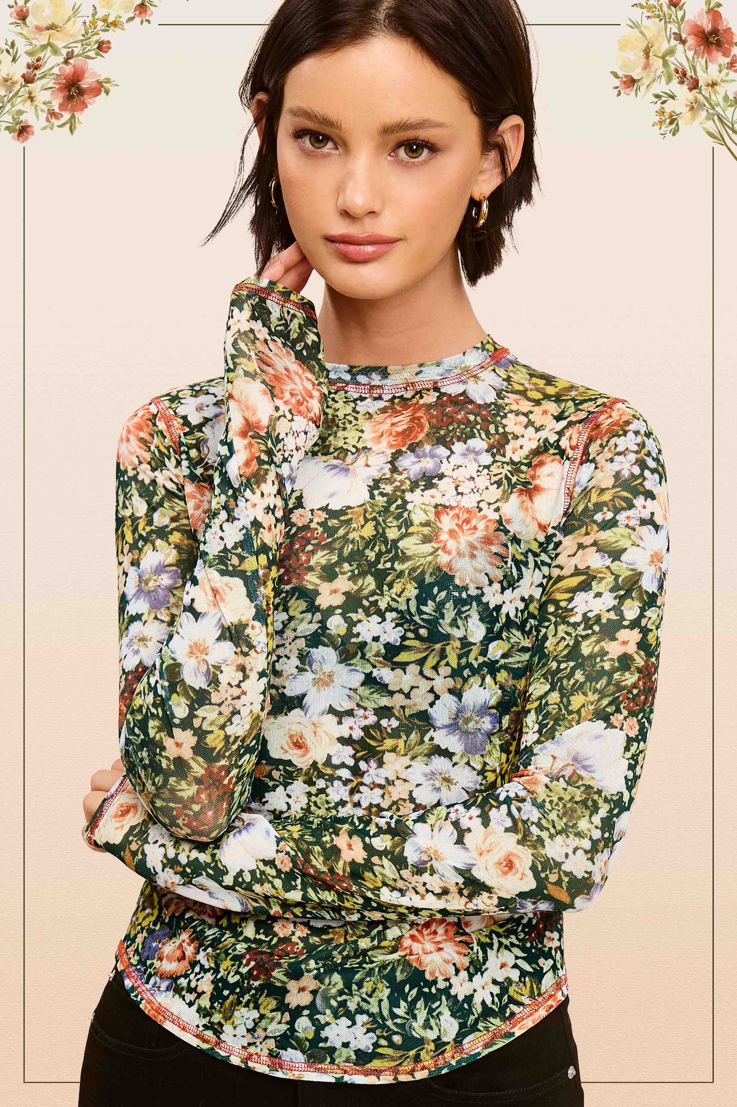 Hazelnut Crew Neck Long Sleeve Mesh Layering Top