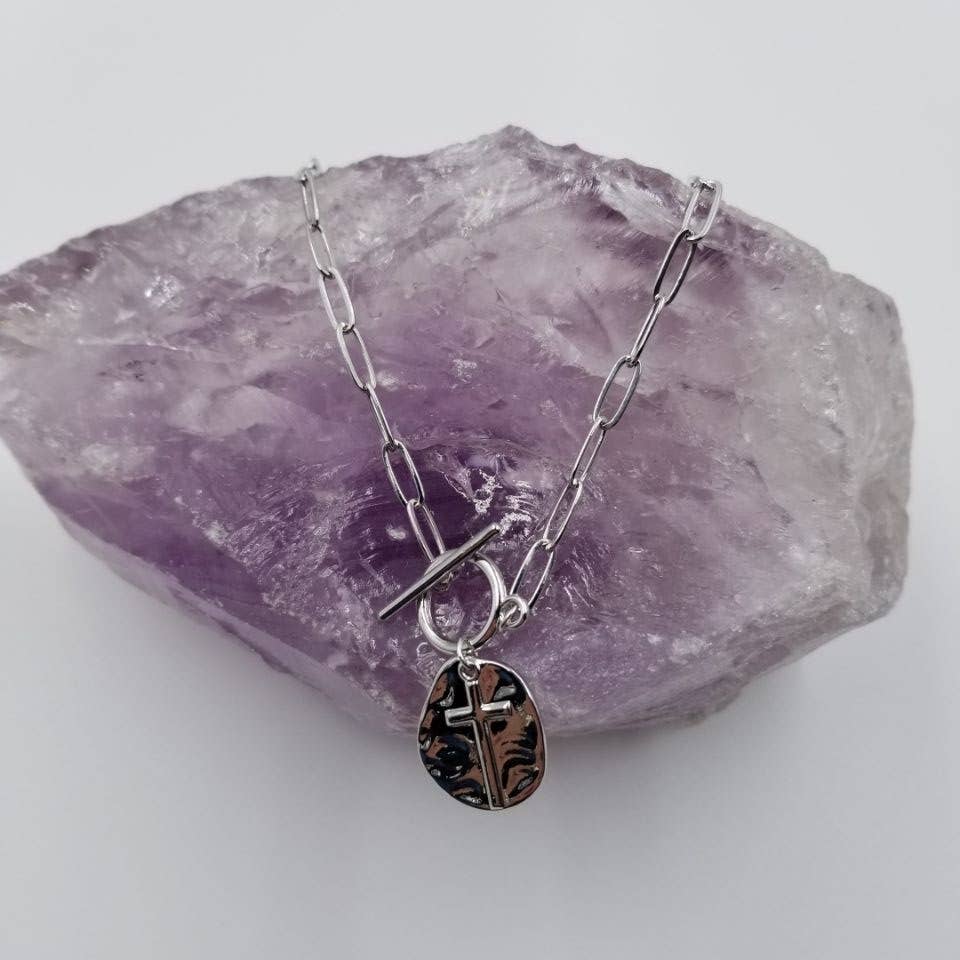 Silver Hammered Cross Paperclip Necklace