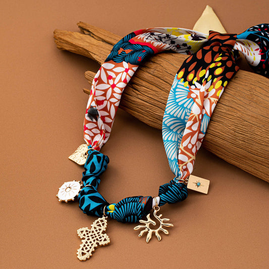 Mixed Print Scarf Charm Necklace