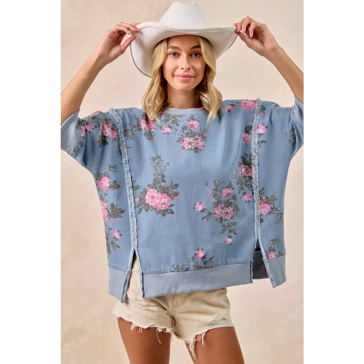 Floral Denim Open Seam Top