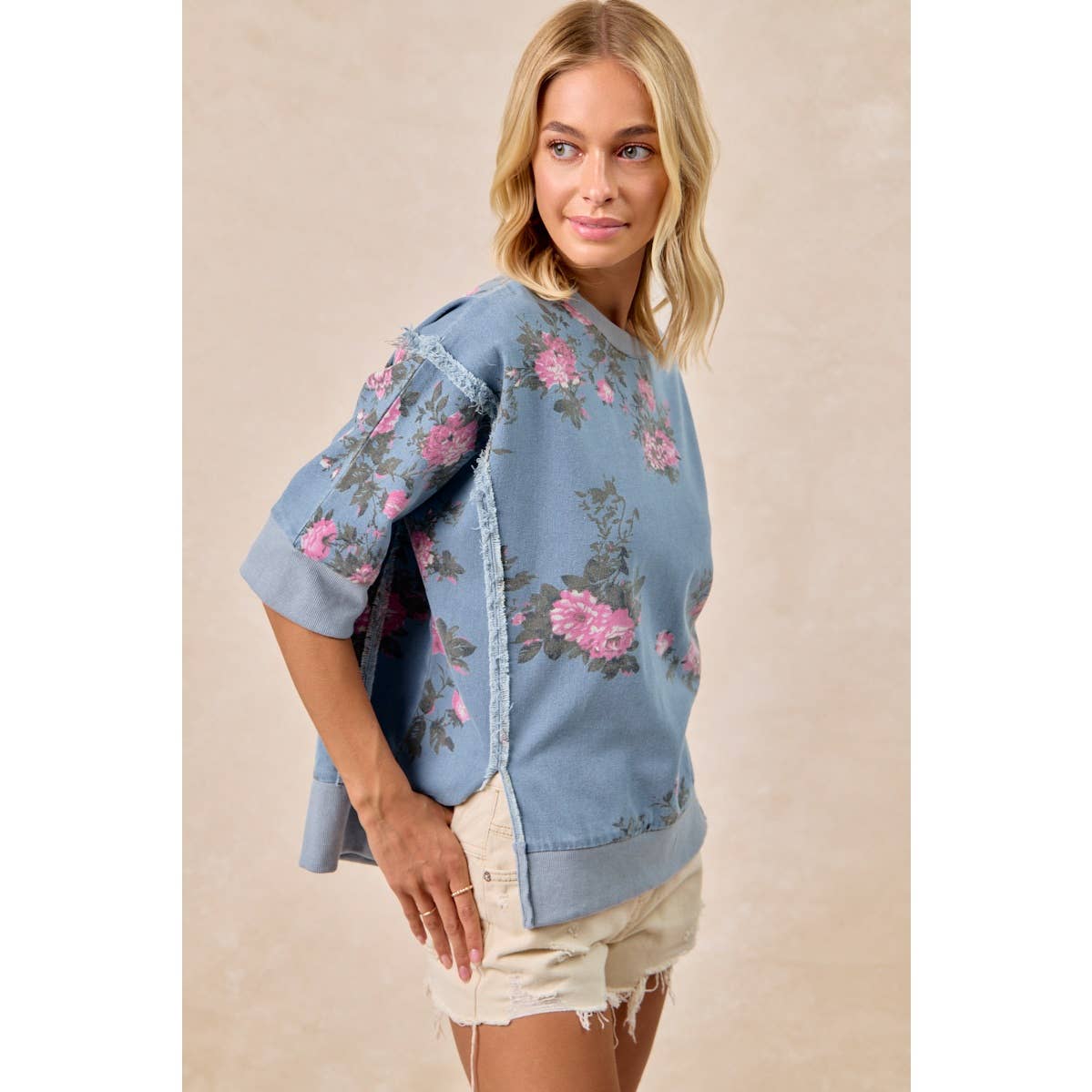 Floral Denim Open Seam Top