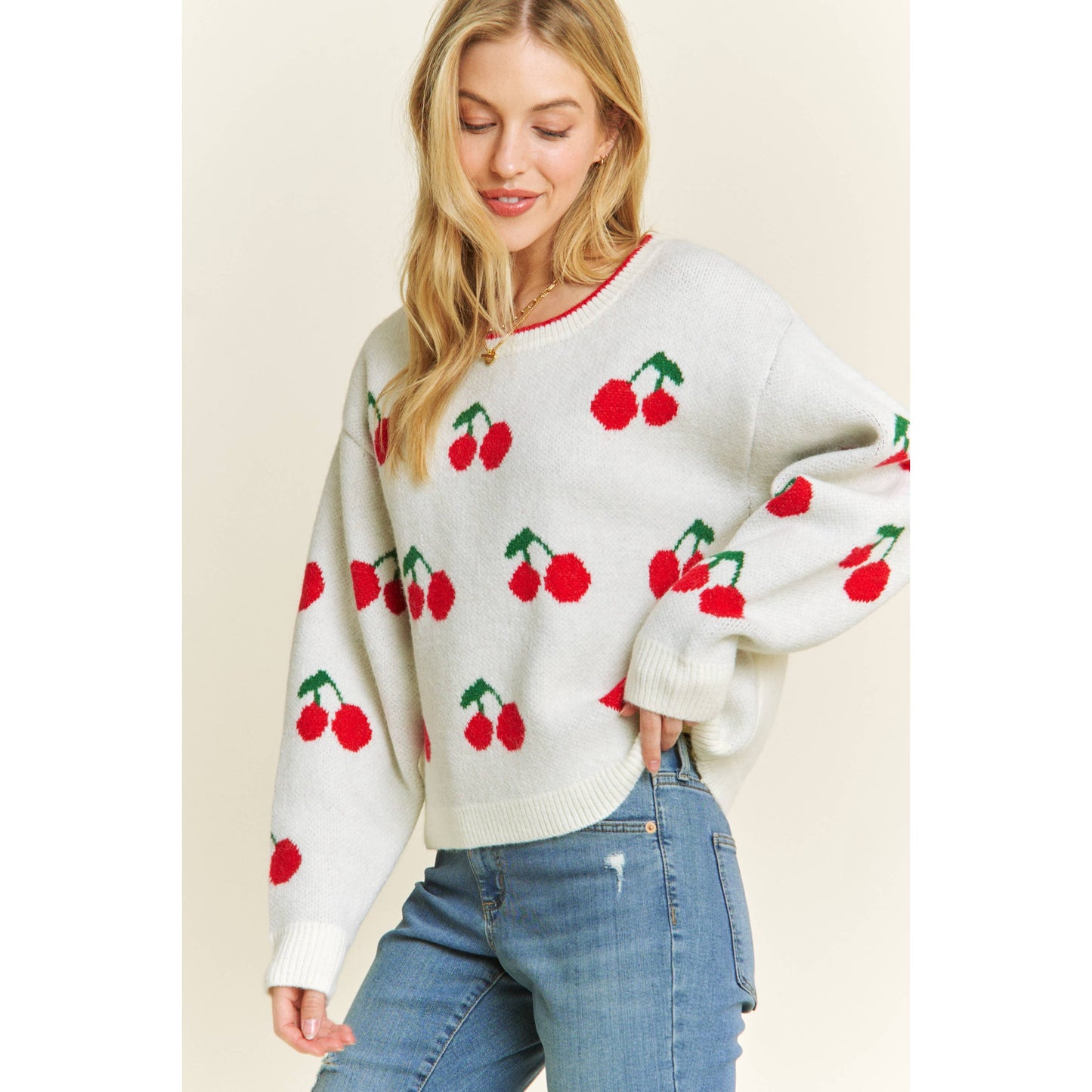 CUTE CHERRY JACQUARD CASUAL PULLOVER SWEATER