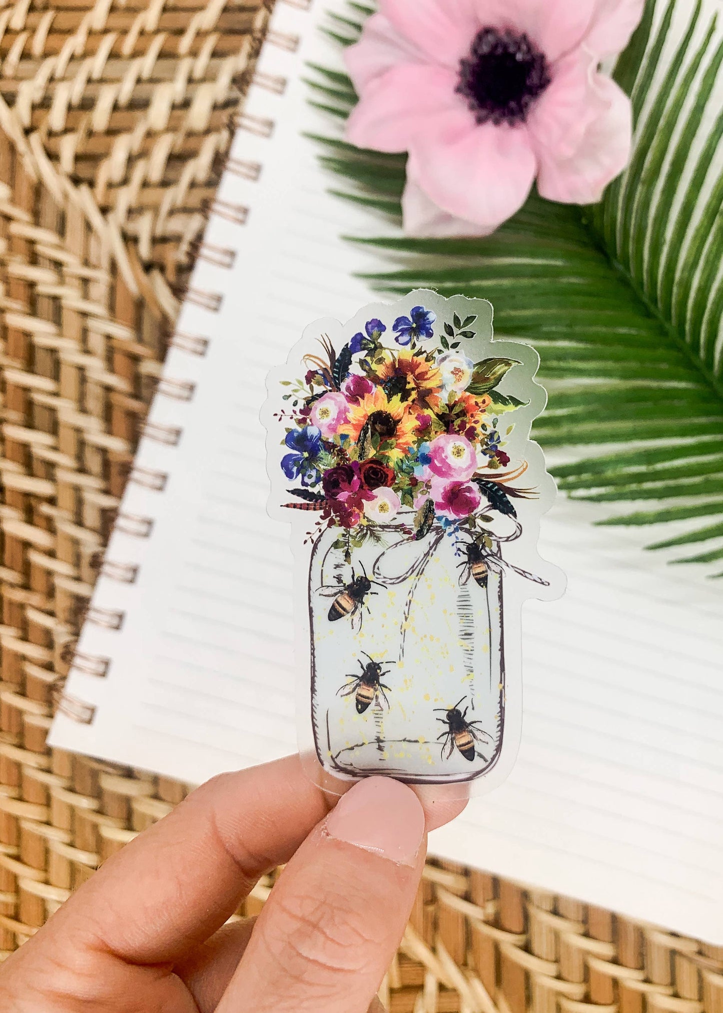 Floral Bee Mason Jar Clear Vinyl Sticker
