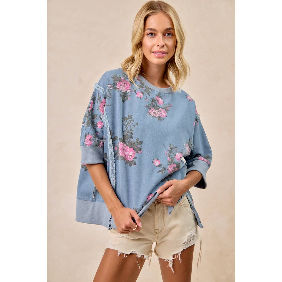 Floral Denim Open Seam Top