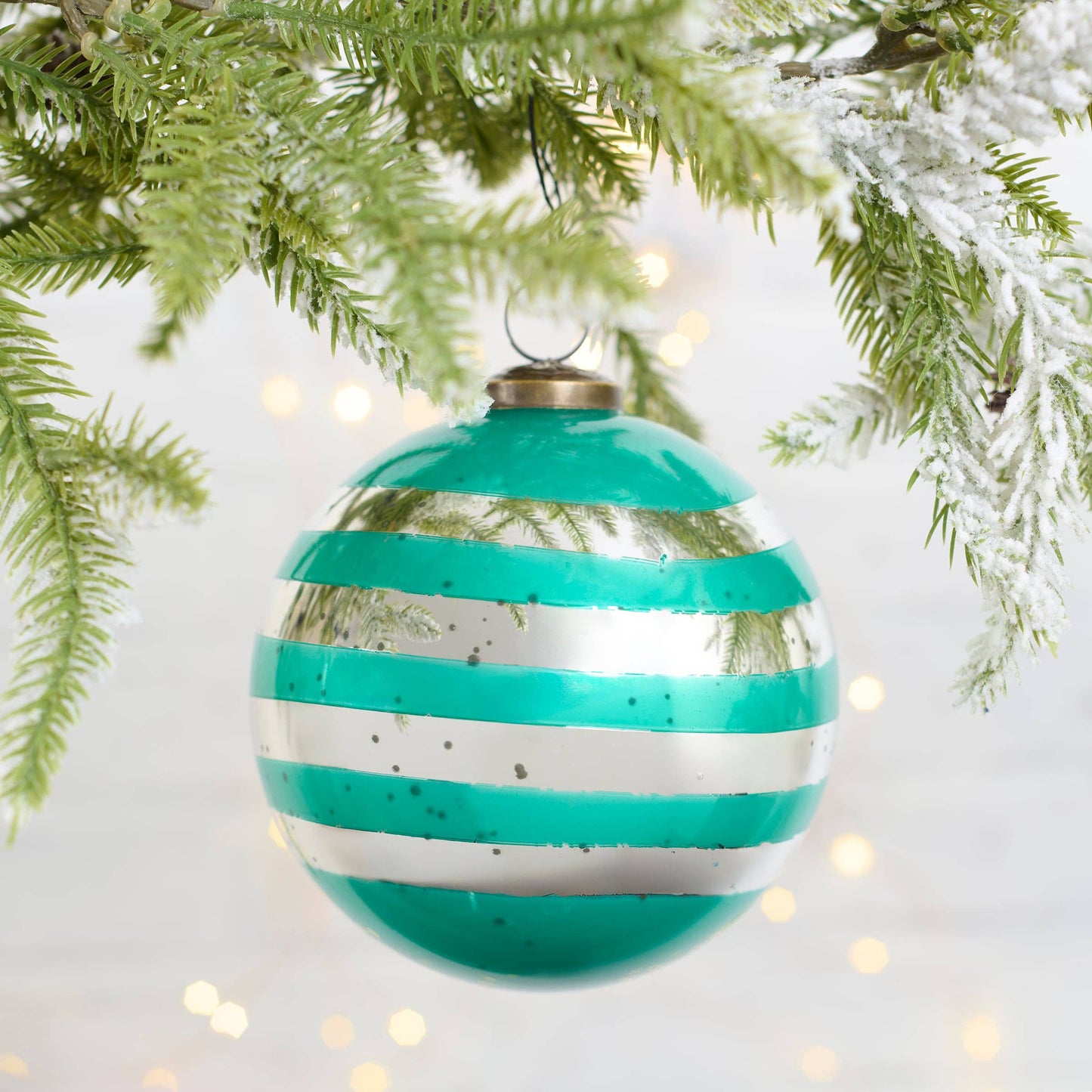 Glass Teal Striped Ornament