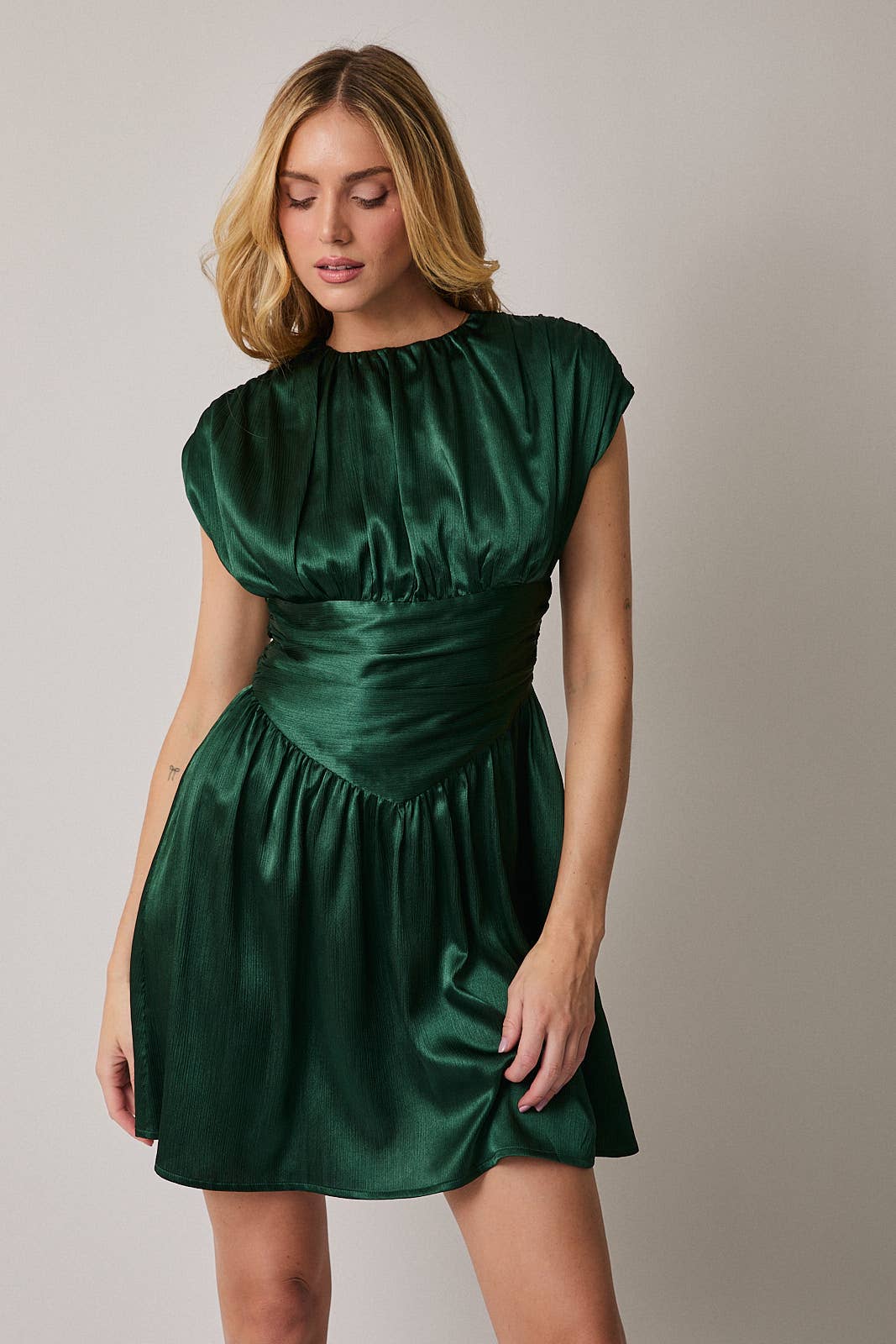 Round Neck Sleeveless Satin Flare Mini Dress